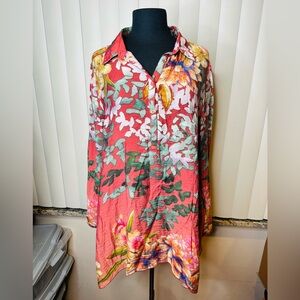 John Mark Peach Multicolor Floral Blouse Tunic Size Large
